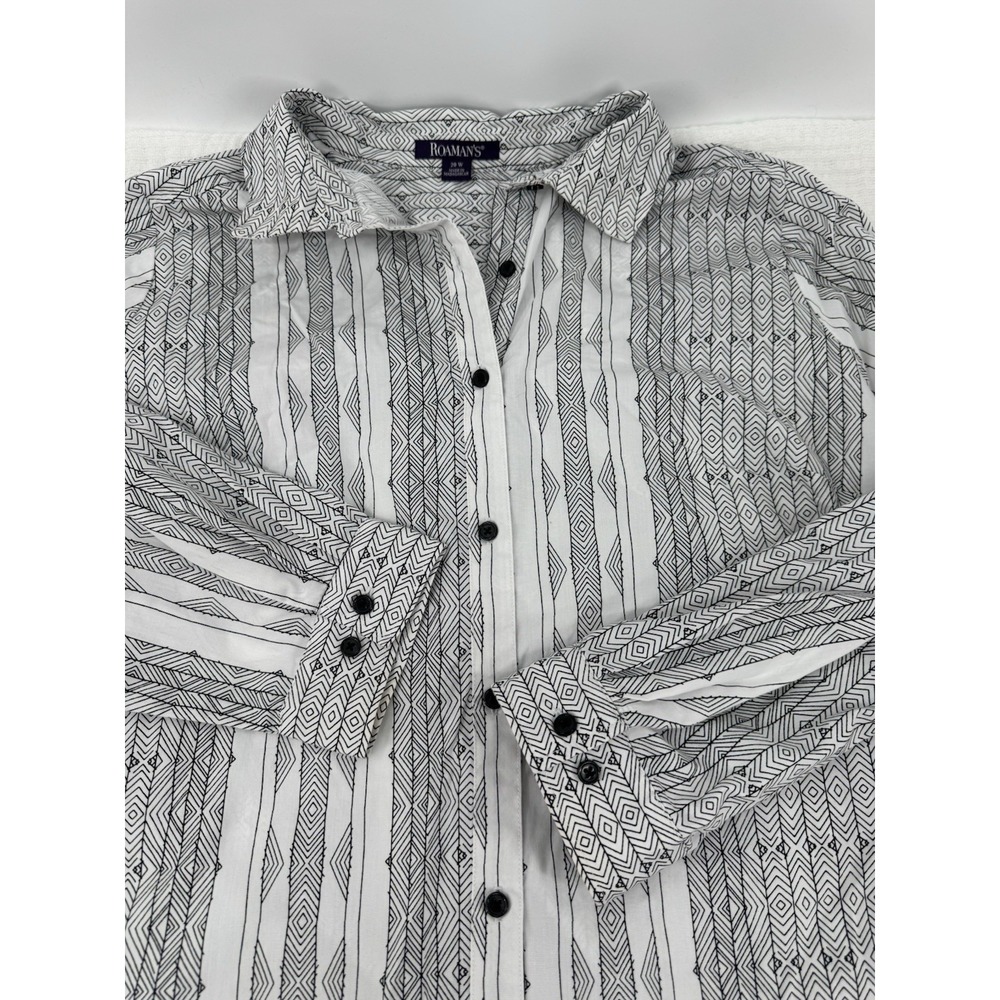Roaman's Women's Black White Print Button-Up Shirt 20W 3/4 Sleeve Top